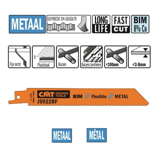 Afbeeldingen van CMT Reciprozaagblad voor plaatstaal & buizen L=150mm I=130mm H=19mm K=0.9mm DTZ=3-8mm Bim 8% Co, 5 stuks - JS922BF-5