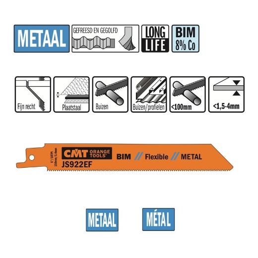 Afbeeldingen van CMT Reciprozaagblad voor plaatstaal & buizen L=150mm I=130mm H=19mm K=0.9mm DTZ=1.5-4mm Bim 8% Co, 5 stuks - JS922EF-5