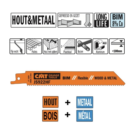Afbeeldingen van CMT Reciprozaagblad voor plaatstaal & buizen L=150mm I=130mm H=19mm K=0.9mm DTZ=<100mm Bim 8% Co, 5 stuks - JS922HF-5