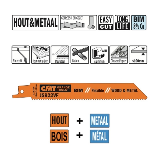Afbeeldingen van CMT Reciprozaagblad voor plaatstaal & buizen L=150mm I=130mm H=19mm K=0.9mm DTZ=<100mm Bim 8% Co, 5 stuks - JS922VF-5