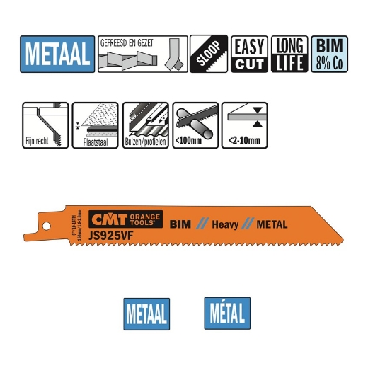 Afbeeldingen van CMT Reciprozaagblad voor plaatstaal & buizen L=150mm I=130mm H=19mm K=1.25mm DTZ=2-10mm Bim 8% Co, 5 stuks - JS925VF-5