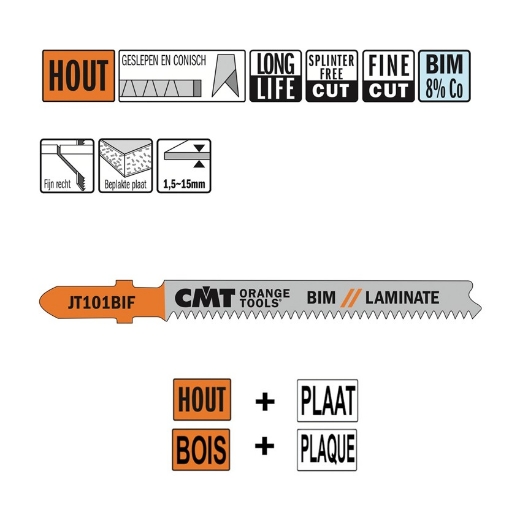 Afbeeldingen van CMT Decoupeerzaag fijn recht voor hout L=83mm I=58mm TS=1.7mm TPI=15 DTZ=1.5-15mm Bim 8% Co, 5 stuks - JT101BIF-5
