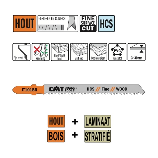 Afbeeldingen van CMT Decoupeerzaag fijn recht voor hout L=100mm I=75mm TS=2.5mm TPI=10 DTZ=3-30mm HCS, 5 stuks - JT101BR-5