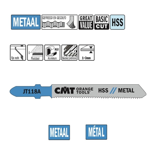 Afbeeldingen van CMT Decoupeerzaag fijn recht voor metaal L=76mm I=50mm TS=1.2mm TPI=21mm TPI DTZ=1-3mm HSS, 5 stuks - JT118A-5