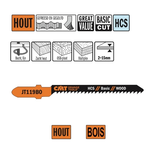 Afbeeldingen van CMT Decoupeerzaag fijn bocht voor hout L=76mm I=50mm TS=2mm TPI=12 DTZ=2-15mm HCS, 5 stuks - JT119BO-5