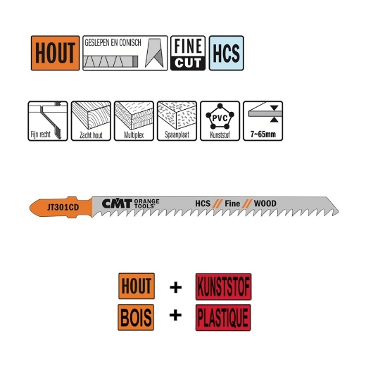 Afbeeldingen van CMT Decoupeerzaag fijn recht voor hout & plastic L=116mm I=90mm TS=3mm TPI=8 DTZ=7-65mm HCS, 5 stuks - JT301CD-5