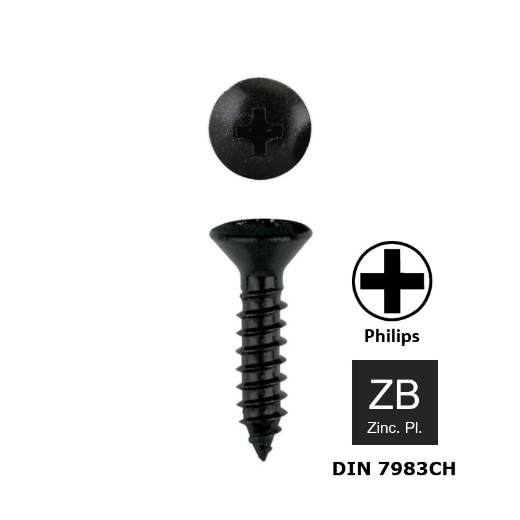 200st. Plaatschroef met bolverzonken kop Philips PH1 Din 7983C-H 2.9x19 zwart verzinkt