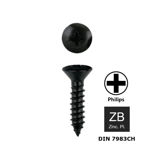 200st. Plaatschroef met bolverzonken kop Philips PH1 Din 7983C-H 2.9x9.5 zwart verzinkt