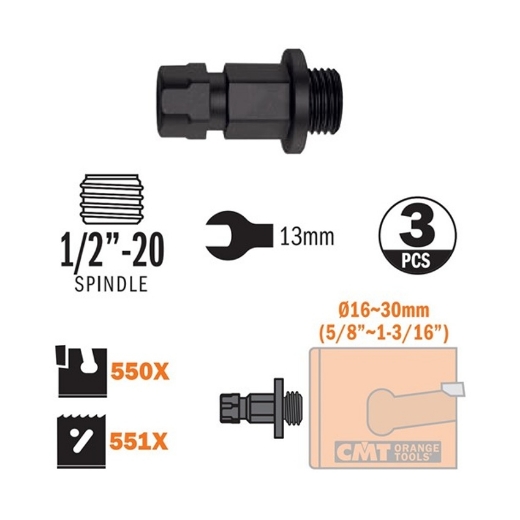 CMT adapter (3 stuks) 1/2"-20UNF schroefdraad voor gatzagen Ø16-30mm - 550-PA01