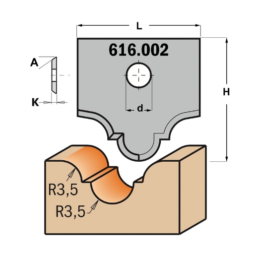 Afbeeldingen van CMT Profielmes voor multiprofielfrees type 2 L=20mm K=2mm MDF materiaal KCR08 / S1920 Profiel Z2 - 616002