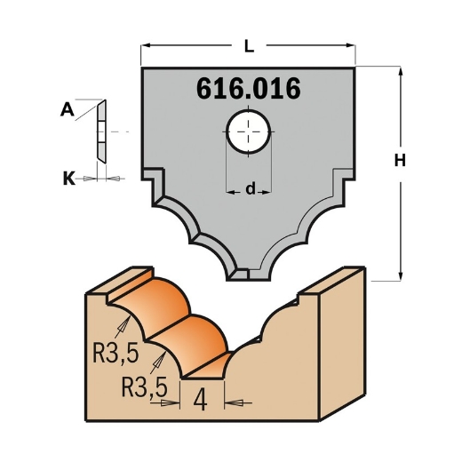 Afbeeldingen van CMT Profielmes voor multiprofielfrees type 16 L=20mm K=2mm MDF materiaal KCR08 / S1920 Profiel Z2 - 616016