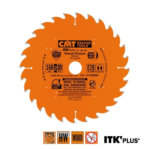 Afbeeldingen van CMT Schulp-en afkortzaag voor massief hout & multiplex 168x20x1.8mm Z28 HW - 271.168.28H