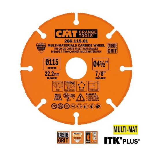 Afbeeldingen van CMT Hardmetalen cirkelzaag voor haakse slijper, voor hout met spijkers, kunststof & gipsplaat 115x22.23x3mm (+9.5+15.87) HW - 286.115.01