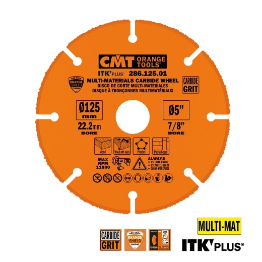 Afbeeldingen van CMT Hardmetalen cirkelzaag voor haakse slijper, voor hout met spijkers, kunststof & gipsplaat 125x22.23x3mm (+20+15.87) HW - 286.125.01