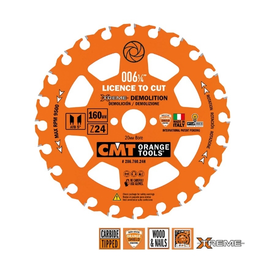 Afbeeldingen van CMT Cirkelzaag voor extreme sloopwerkzaamheden, voor hout met spijkers 160x20x2.3mm Z24 HW - 286.760.24H