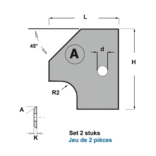 Afbeeldingen van CMT Profielmessen voor 2-delige verstelbare afrond- en afschuinfrees type A2 R2+45° Z1 HWM, 2 stuks - 695.005.A2