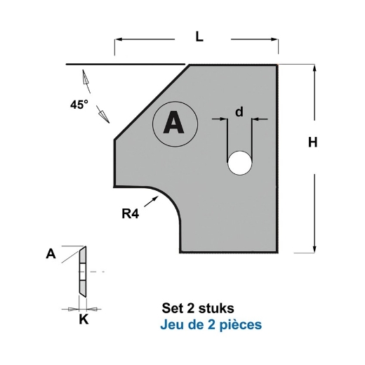 Afbeeldingen van CMT Profielmessen voor 2-delige verstelbare afrond- en afschuinfrees type A4 R4+45° Z1 HWM, 2 stuks - 695.005.A4