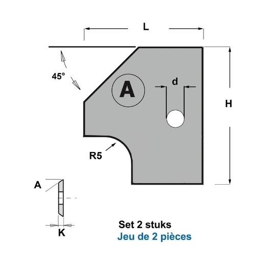 Afbeeldingen van CMT Profielmessen voor 2-delige verstelbare afrond- en afschuinfrees type A5 R5+45° Z1 HWM, 2 stuks - 695.005.A5