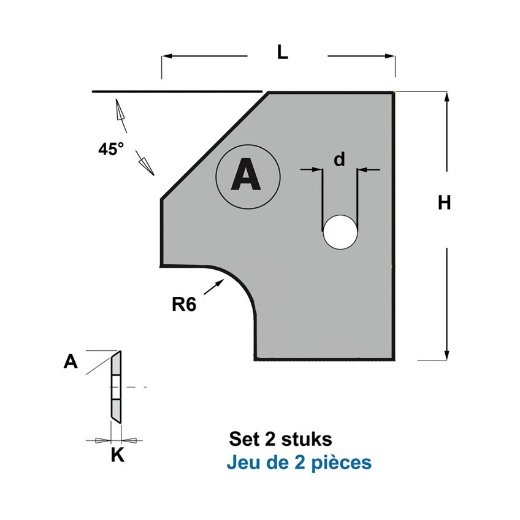 Afbeeldingen van CMT Profielmessen voor 2-delige verstelbare afrond- en afschuinfrees type A6 R6+45° Z1 HWM, 2 stuks - 695.005.A6