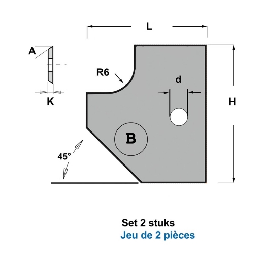 Afbeeldingen van CMT Profielmessen voor 2-delige verstelbare afrond- en afschuinfrees type B6 R6+45° Z1 HWM, 2 stuks - 695.005.B6