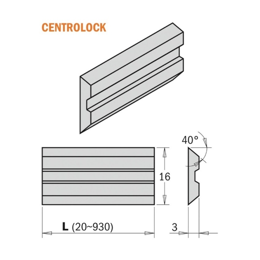 CMT Centrolock schaafmes L=240x16x3mm Z2 HPS - 795.240.16