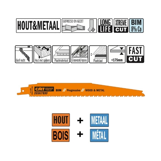 Afbeeldingen van CMT Reciprozaagblad voor hout & metaal L=225mm K=1.27mm TPI=6-12 DTZ=<175mm - JS5678XF-20