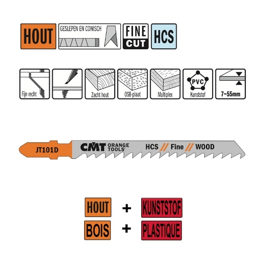Afbeeldingen van CMT Decoupeerzaag fijn recht voor hout en plastic L=100mm I=75mm TS=4mm TPI=6 DTZ=7-55mm HCS , 5 stuks - JT101D-5