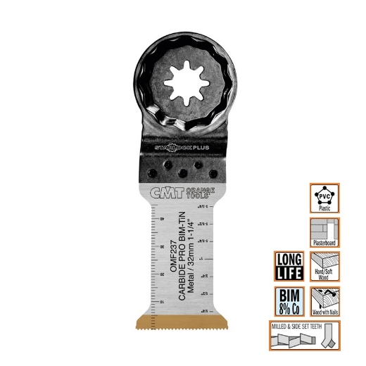 Afbeeldingen van CMT Multitoolzaagblad Starlock Plus voor hout met spijkers & klunststof W=65mm I=50mm Bim 8% Co - OMF161-X50