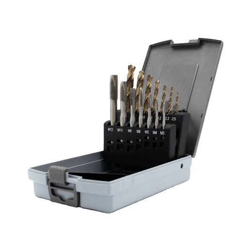 Afbeeldingen van Labor machinetapset Din 371/376 HSS-Cobalt + HSS-Cobalt boren 14-delig, kunststof M3-M12 - KA300214-1DS