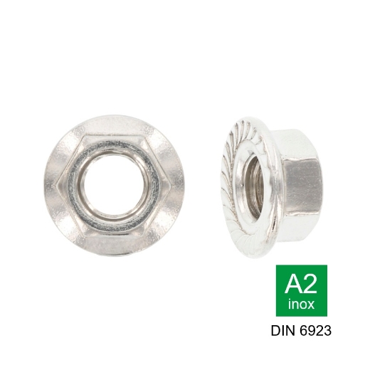 Afbeeldingen van Zeskant flensmoer met vertanding onder kraag Din 6923 M4 inox A2