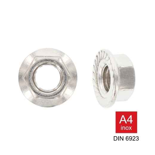 Afbeeldingen van Zeskant flensmoer met vertanding onder kraag Din 6923 M4 inox A4