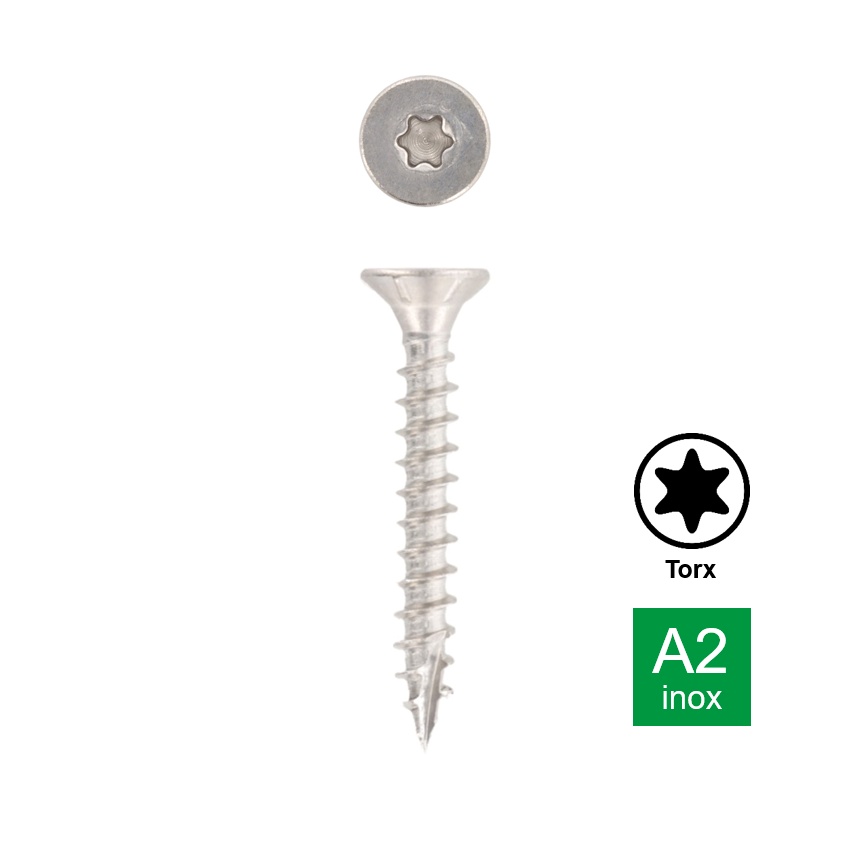 Afbeeldingen van Houtschroef Torx TX10 met verzonken kop, volledige draad en voorsnijpunt 3.5x12 inox A2