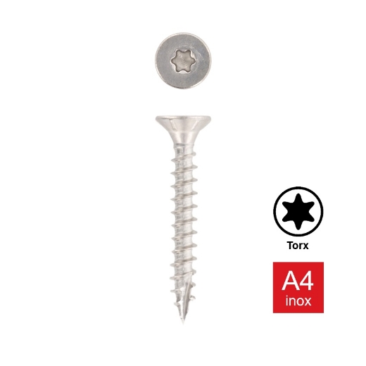 Afbeeldingen van Houtschroef Torx TX20 met verzonken kop, volledige draad en voorsnijpunt 4x20 inox A4