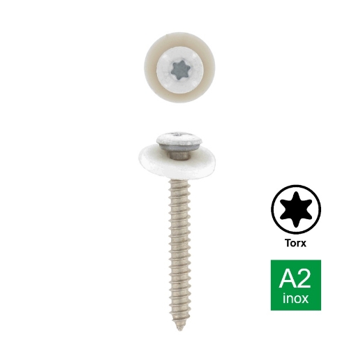 Afbeeldingen van Plaatschroef voor vensterbank met bolle kop en nylon ring Torx TX15 Ral 9003 3.9x32 inox A2