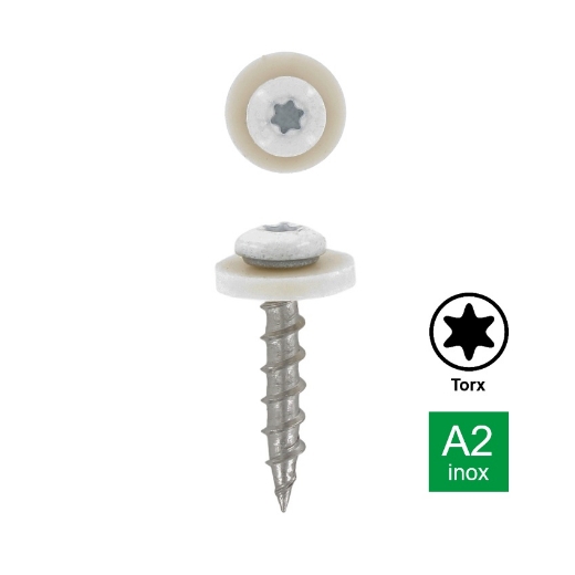 Afbeeldingen van Plaatschroef voor vensterbank met bolle kop, grove draad en nylon ring Torx TX15 Ral 9003 3.9x16 inox A2