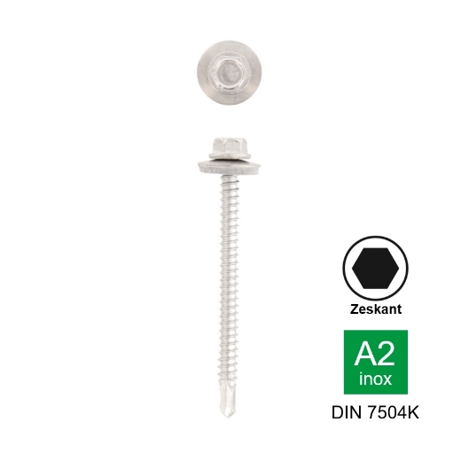 Afbeeldingen van Zelfborende plaatschroef met zeskant kop en EPDM ring 16mm Din 7504K 5.5x35 inox A2 (SW8)