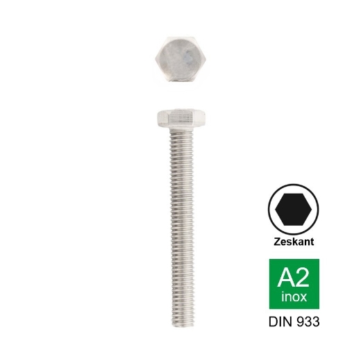 Afbeeldingen van Zeskanttapbout met volledige draad Din 933 M6x20 inox A2-70 (SW10)