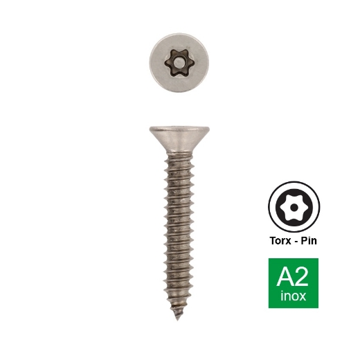 Afbeeldingen van Antidiefstal plaatschroef met torxaandrijving met pin en verzonken kop 4.8x19 inox A2 (TX25-Pin)