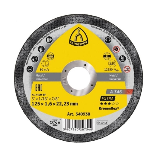 Afbeeldingen van Klingspor A 346 Extra Kronenflex® vlakke doorslijpschijf 125x1.6x22.23mm, voor RVS & staal - 340938