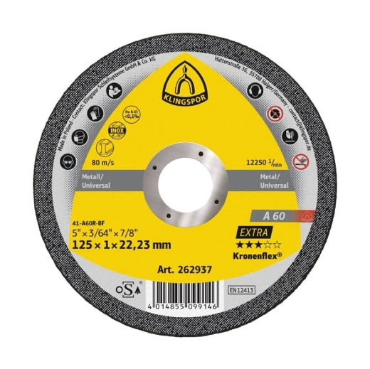 Afbeeldingen van Klingspor A 60 Extra Kronenflex® vlakke doorslijpschijf 115x1x22.23mm, voor metaal universeel - 262936