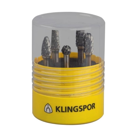 Afbeeldingen van Klingspor HF 100 - 5-delige set hardmetalen stiftfrezen voor staal met korrel 10 - 337154