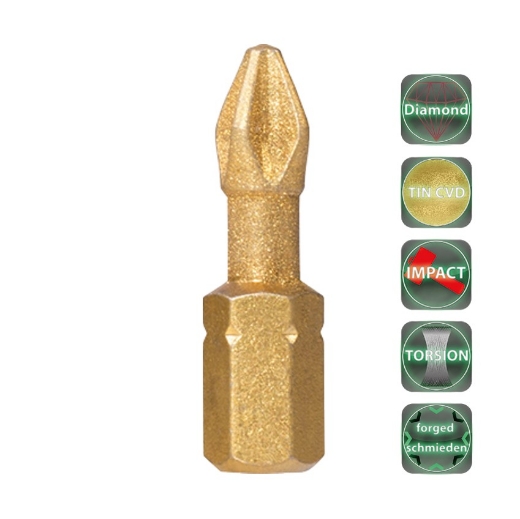 Afbeeldingen van Cobit diamant impact torsie bits Tin gesmeed Philips PH3 x 25mm (5 stuks) - 03089