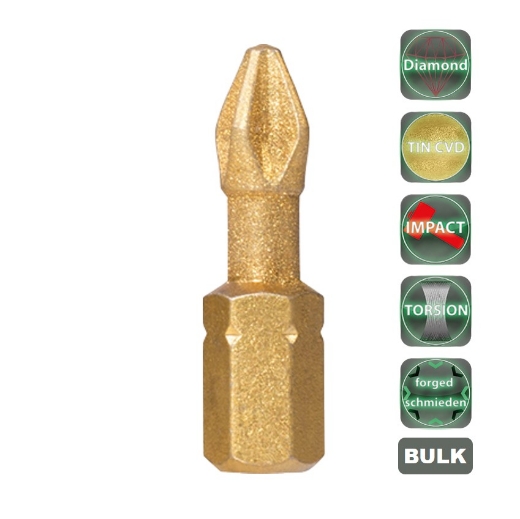 Afbeeldingen van Cobit diamant impact torsie bits Tin gesmeed Philips PH2 x 25mm (100 stuks) - 60164