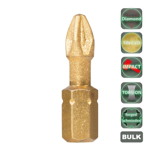 Afbeeldingen van Cobit diamant impact torsie bits Tin gesmeed Pozidrive PZ2 x 25mm (100 stuks) - 60179
