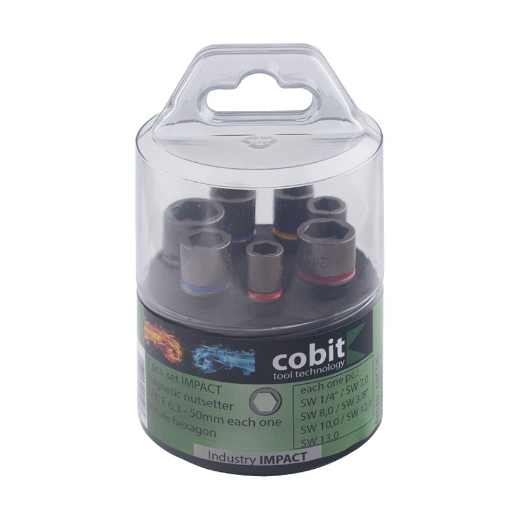 Afbeeldingen van Cobit 7-delig magnetisch impact dopsleutelbitsset met kleurmarkering van 6 tot 13mm & 1/4", lengte 65mm - 02436