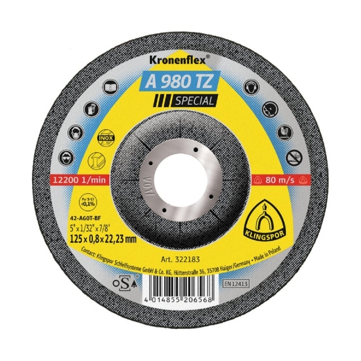 Afbeeldingen van Klingspor A 980 TZ Special Kronenflex® gekromde doorslijpschijf 0.8 - 1mm, 125x0.8x22.23mm, voor RVS & staal - 322183