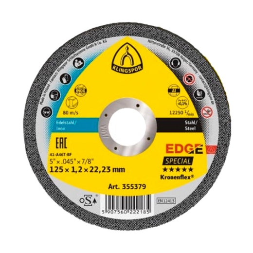 Afbeeldingen van Klingspor EDGE Special Kronenflex® vlakke doorslijpschijf 115x1.2x22.23mm, voor RVS & staal - 355380