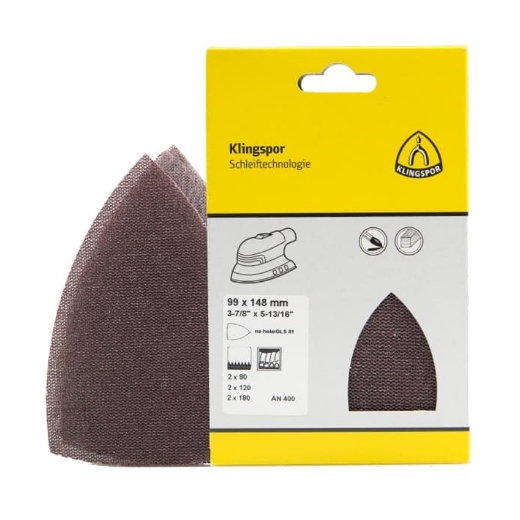 Afbeeldingen van Klingspor AN 400 set schuurgaasdriehoeken waterproof met klittenband voor gips, verf, hout en composiet 99x148mm, 2x korrel 80,120,180, vorm GLS81 - 367745