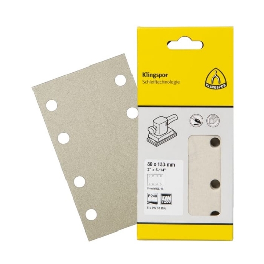 Afbeeldingen van Klingspor 5 stuks PS 33 BK schuurvel met klittenband voor hout, verf & plamuur 115x230mm, korrel 240, vorm GL15 - 360305