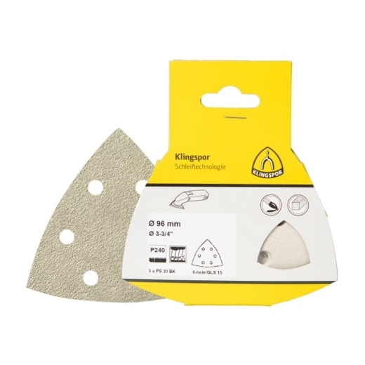 Afbeeldingen van Klingspor 5 stuks PS 33 BK schuurdriehoek met klittenband voor hout, verf en plamuur, 96mm, korrel 240, vorm GLS15 - 360240